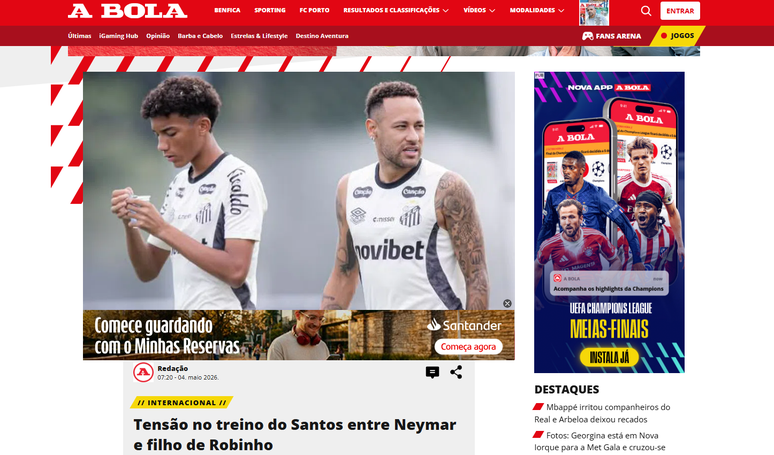 A Bola abordou briga entre Neymar Jr. e Robinho Jr. como &ldquo;tens&atilde;o no treino&rdquo;. 